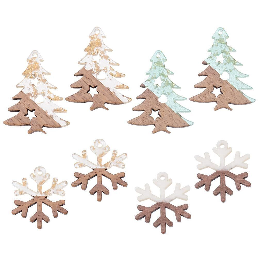 3452 8 Pcs 4 Styles Christmas Ornaments, Natural Wood Resin Charms Tree